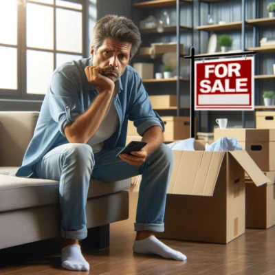 Stressed homeowner sitting in living room, contemplating why their property hasn't sold, with unpacked boxes and a generic 'For Sale' sign visible.